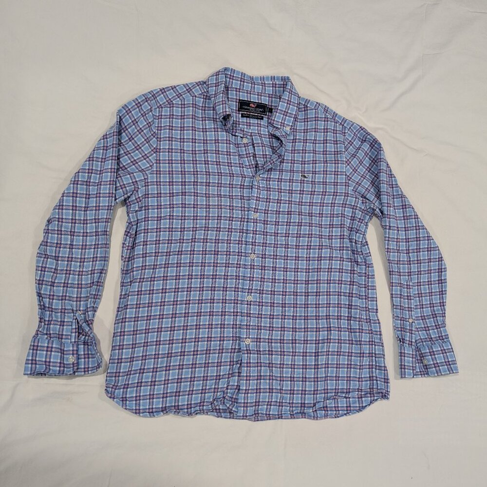 Vineyard Vines Classic Fit Whale Shirt Large Navy Coral Lt. Blue Cotton